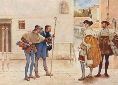 Shakespeares Købmanden i Venedig: Bassanio, Lorenzo, Gamle Gobbo og Launcelot Gobbo (farvelitografi) af James Dromgole Linton