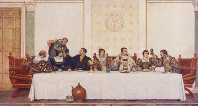 Shakespeares Købmanden i Venedig: Lorenzo, Jessica, Antonio, Portia, Bassanio, Nerissa og Gratiano (farvelitografi) af James Dromgole Linton