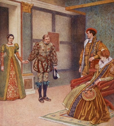 Shakespeares Købmanden i Venedig: Portia, Bassanio, Gratiano og Nerissa (farvelitografi) af James Dromgole Linton