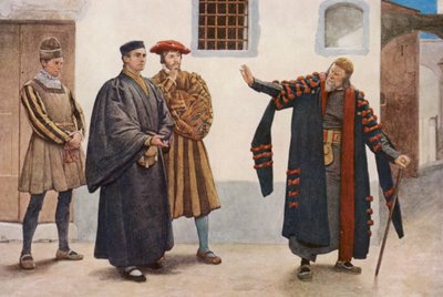 Shakespeares Købmanden i Venedig: Shylock, Antonio, Salarino og Gaoler (farvelitografi) af James Dromgole Linton