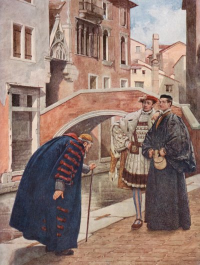 Shakespeares Købmanden i Venedig: Shylock, Bassanio og Antonio (farvelitografi) af James Dromgole Linton