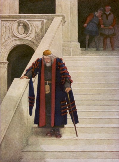 Shakespeares Købmanden i Venedig: Shylock forlader hertugpaladset (farvelitografi) af James Dromgole Linton