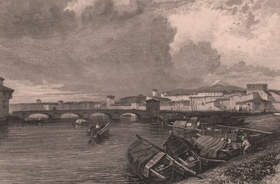 Udsigt over Arno-floden i Pisa, Toscana, Italien, stålgravering af Thomas Higham (1796-1844) efter tegning af James Duffield Harding (1798-1863) af James Duffield Harding