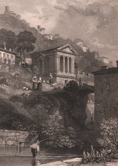 Udsigt over Clitumnus-templet langs Clitunno-floden nær Campello sul Clitunno, Umbrien, Italien, stålgravering af Jordan efter tegning af James Duffield Harding (1798-1863), ca. 10, 5x15 cm af James Duffield Harding