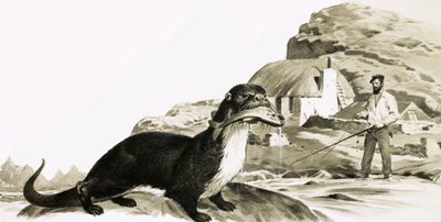 Odder med fisk og mand, der fisker af James Edwin McConnell