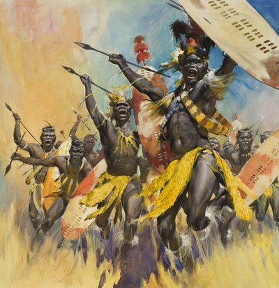 Zulu Warriors (gouache på papir) af James Edwin McConnell