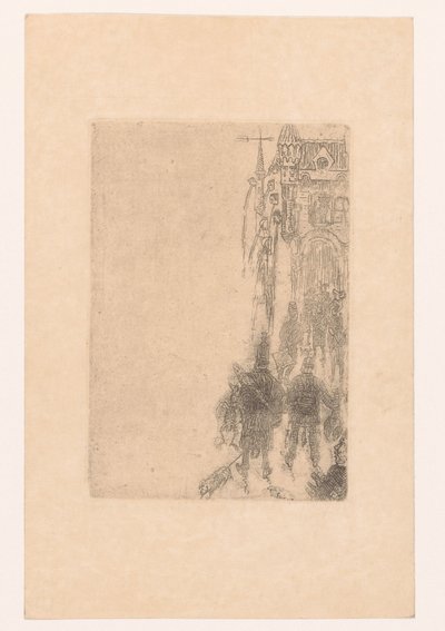 Figurer går hen mod en port med kød og fisk Menu pour Charles Vos af James Ensor