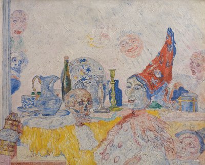 Pjerrot og skelet i en gul kappe af James Ensor