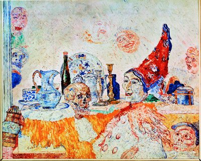 Pjerrot og skelet i gult (maleri på lærred) af James Ensor