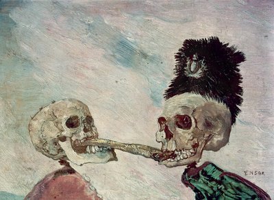 Skeletter, der kæmper om en sild (olie på panel) af James Ensor