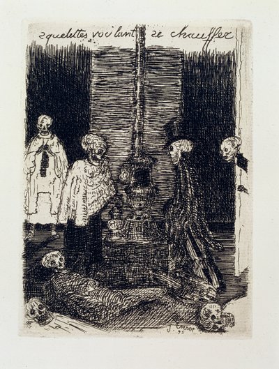 Skeletter, der prøver at varme sig selv af James Ensor