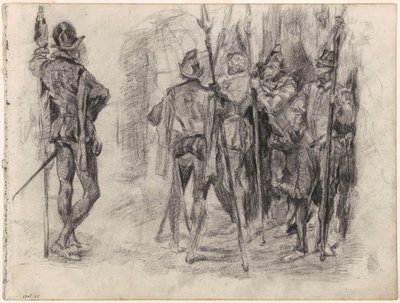 Skitser af figurer og fem spanske soldater med lanser af James Ensor