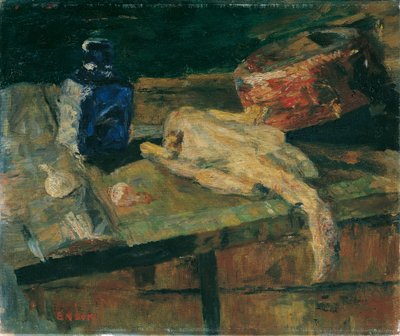 Stilleben med blå flaske og plukket kylling af James Ensor