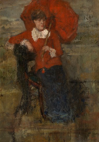 Damen med rød parasol (olie på lærred) af James Ensor
