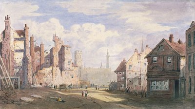 Nedrivning af gamle huse nær Walbrook for at gøre plads til King William Street, City of London, 1834 af James Fahey