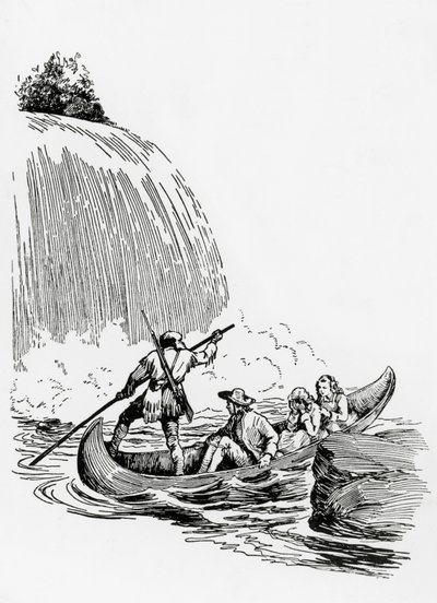 Hovedpersonerne i en kano ved et vandfald, illustration til The Last of the Mohicans af James Fenimore Cooper, Principato Editore, Milano af James Fenimore Cooper