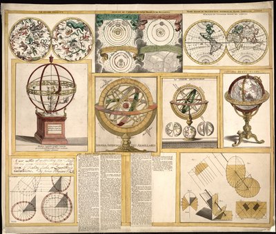 Samling af ni billeder, herunder astronomiske instrumenter, himmelkort og et verdenskort. LOC 2013593153 af James Ferguson