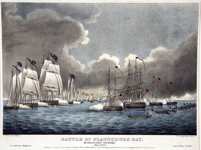 Battle of the Plattsburg Bay: McDonoughs Victory, pub. 1840 (håndfarvet gravering) af James Fuller Queen