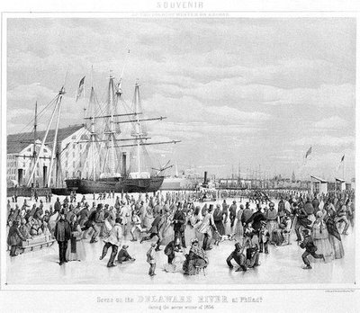 Scene på Delaware-floden ved Philadelphia under den alvorlige vinter i 1856, ca. 1860 (litho) (s/h-billede) af James Fuller Queen