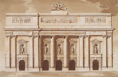 Elevation for West Front of Parliament House, Dublin, ca. 1787 (pen og pensel med brunt blæk og wc på lagt papir) af James Gandon
