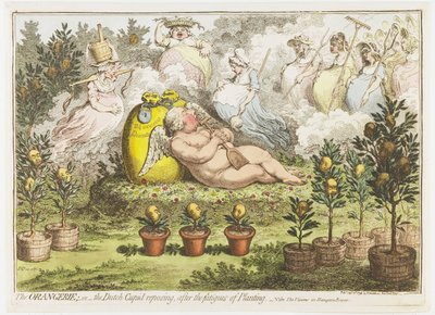 Orangeriet: Den hollandske amor hviler fra plantningens træthed, 1796 Orangeriet; eller den hollandske Amor, der hviler efter plantningens træthed (titel på objektet) af James Gillray (signed by artist)
