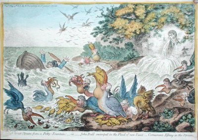 A Great Storm from a Petty-Fountain, eller John Bull oversvømmet i syndfloden af nye skatter: Cormorants Fishing in the Stream, udgivet af Hannah Humphrey i 1806 (håndfarvet radering) af James Gillray