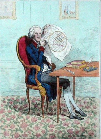 En skarpsynet politiker, der finder ud af de britiske erobringer, udgivet af Hannah Humphrey i 1795 (håndfarvet radering) af James Gillray
