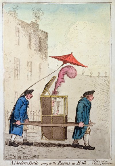 A Modern Belle going to the Rooms at Bath, udgivet af Hannah Humphrey i 1796 (håndfarvet radering) af James Gillray