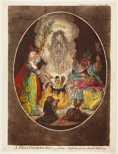 A Phantasmagoria - Scene - At fremtrylle et bevæbnet skelet af James Gillray
