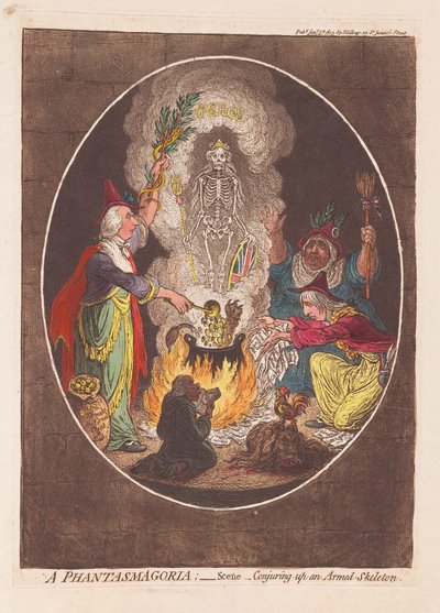 A Phantasmagoria: Scene - Trylle frem et væbnet skelet, pub. 1803 (håndfarvet gravering) af James Gillray