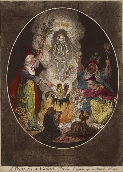 En Phantasmagoria; - Scene - Fremtryller et bevæbnet skelet., 5. januar 1803 (håndfarvet radering og akvatint på vævet papir) af James Gillray
