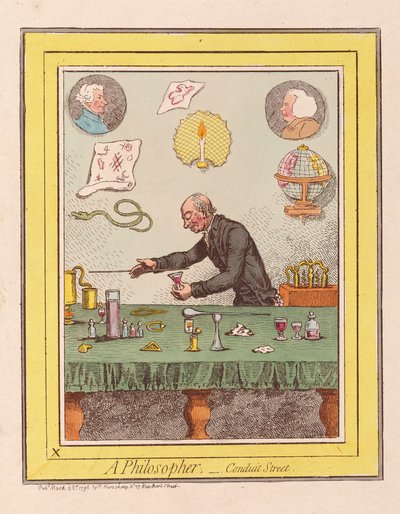 A Philosopher: Conduit Street, pub. 1796 (håndfarvet gravering) af James Gillray