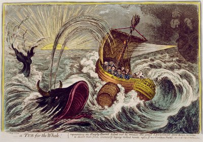 Et badekar til hvalen! udgivet af Hannah Humphrey i 1806 (håndfarvet radering) af James Gillray