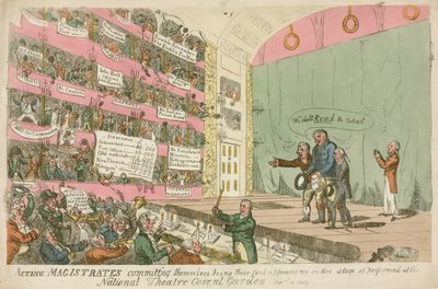 Fungerende dommere forpligter sig, idet de er deres første optræden som opført på National Theatre Covent Garden, 1809 af James Gillray