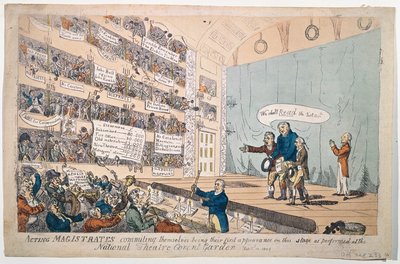 Acting Magistrates committing themselves, being their first appearance as performed at the National Theatre Covent Garden, udgivet i 1809 (håndkoloreret radering) af James Gillray