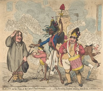 Alecto og hendes tog, ved porten til Pandaemonium:-eller-den rekrutterende Sarjeant Enli..., 4. juli 1791. af James Gillray