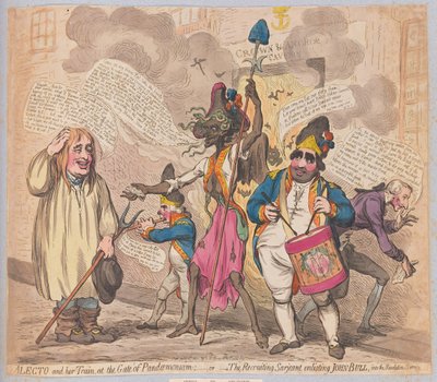 Alecto og hendes Train at the Gate of Pandaemonium eller The Recruiting Sarjeant, der hverver John Bull til Revolution Service, pub. (håndfarvet gravering) af James Gillray
