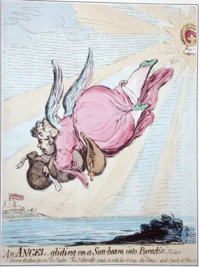 En engel, der glider på en solstråle ind i paradis (håndfarvet radering) af James Gillray