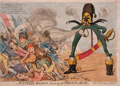 Østrigske Bugaboo Funking the French Army, udgivet af Hannah Humphrey i 1795 (håndfarvet radering) af James Gillray