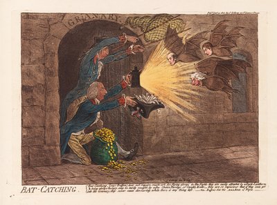 Flagermusfangst, pub. 1803 (håndfarvet gravering) af James Gillray