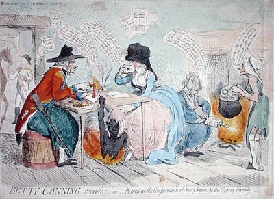 Betty Canning genoplivet, eller et kig på besværgelsen af Mary Squires & the Gypsy Family, udgivet af J.M. Forbes i 1791 (håndfarvet radering) af James Gillray