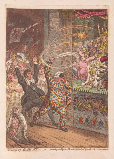 Sprænger Pic Nics i luften eller Harlequin Quixotte, der angriber Puppets, pub. 1804 (håndfarvet gravering) af James Gillray