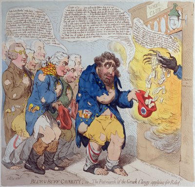 Blue und Buff Charity, eller The Patriarch of the Greek Clergy, der ansøger om nødhjælp, udgivet af Hannah Humphrey i 1793 (håndfarvet radering) af James Gillray