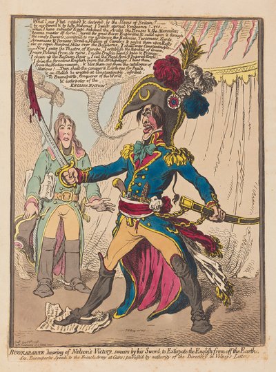 Bonaparte, der hører om Nelsons Victory, sværger ved sit sværd for at udrydde englænderne fra jorden, pub. 1798 (håndkoloreret gravering) af James Gillray