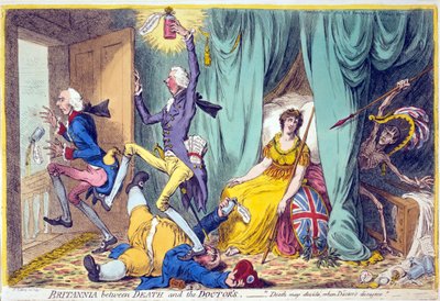 Britannia mellem døden og lægerne, pub. Hannah Humphrey, 20. maj, 1804 (håndfarvet gravering) af James Gillray