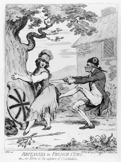 Britannia in French Stays, or Re-Form at the Expense of Constitution, udgivet af Hannah Humphrey i 1793 (radering) af James Gillray