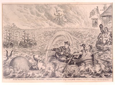 Britiske slæbebåde slæber den danske flåde i havn, 1807 af James Gillray