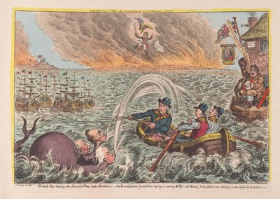 Britiske tjærer, der slæber den danske flåde ind i havnen: Leviathan med bred bund, der forsøger at oversvømme Billys gamle båd, og den lille korsikaner, der vakler på ambitionernes skyer, pub. 1807 (håndfarvet engra af James Gillray
