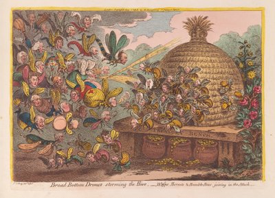 Droner med bred bund, der stormer bikuben: Hvepse, hornets og humlebier slutter sig til angrebet, pub. 1808 (håndfarvet gravering) af James Gillray