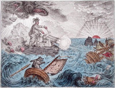 Bruin in his Boat, or The Manager in Distress, udgivet af Hannah Humphrey i 1806 (håndfarvet radering) af James Gillray